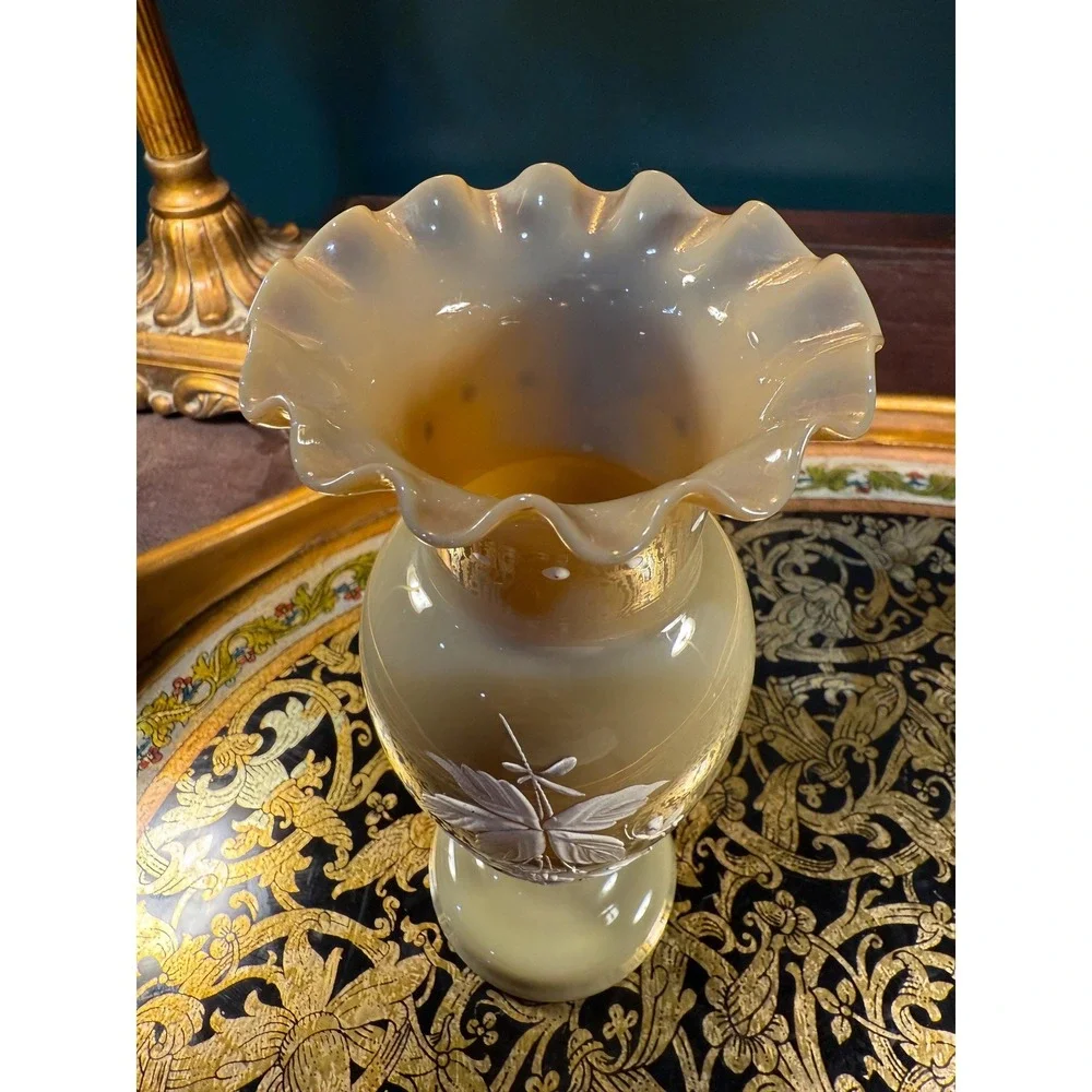 Vintage Hand-Painted Floral Glass‎ Vase: Tan Bristol Style, 7.5